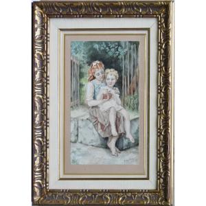 M. SAILLARD "Le panier de cerises" 1892 aquarelle 29x17,5